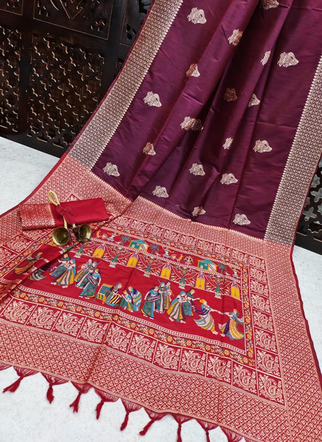 Soft Silk Wine Traditional Wear Weaving Saree